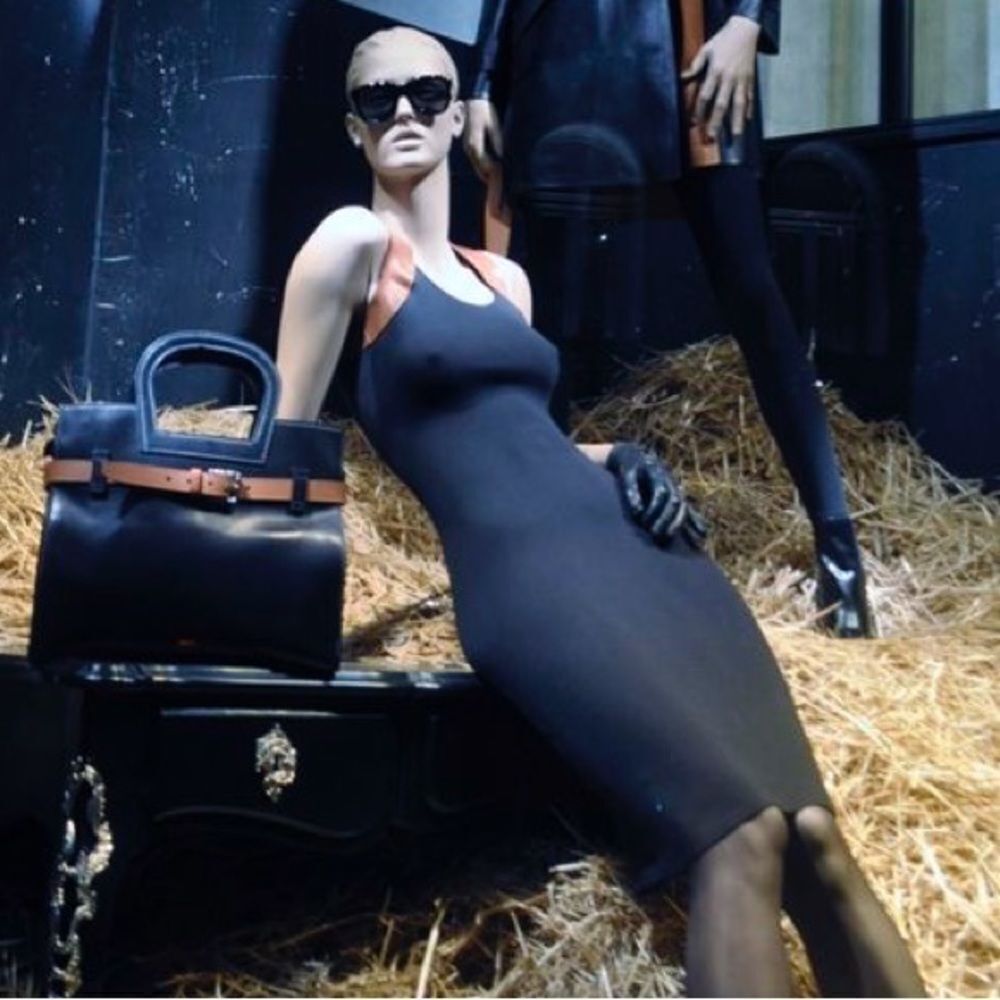 Ralph Lauren Collection Fall 12 Black Merino Wool Leather Trim Knit Sheath Dress